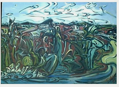 'Aotearoa'- Land of the Long White Cloud, on board, 1700 x 1300mm by Leon Aarts 2007. The N.I and S.I have original Maori names but the whole of New Zealand does not. Aotearoa is not the original name of NZ. "Eaheinomauwe" is N.I."Toai Poonammu"S.I.  