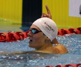 Matt Stanley celebrates going under the qualifying time at the State NZ Swimming Championships tonight.
