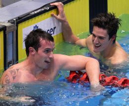 Daniel Bell (left) and Gareth Kean celebrate after both went under the London Olympic qualifying time in the 100m backstroke at the State NZ Swimming Championships tonight.