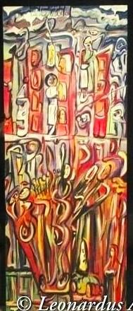 'Benevolence' by Leon Aarts, approx 1600mm x 650mm, acrylics on board  (sold)