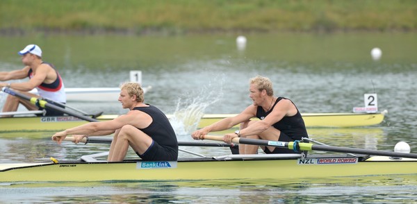 Hamish Bond and Eric Murray blast off from the start on their way to a superb win in the World Cup regatta at Munich today