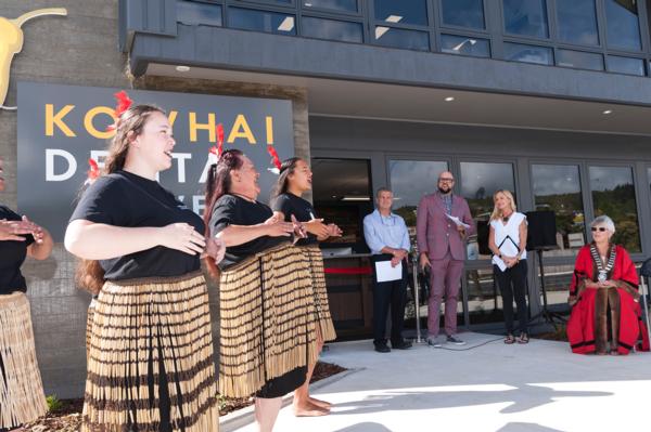 Members of Tu Tika Tours perform a powhiri at the opening of Kowhai Dental in Maunu Road, Whangarei. Watching are owners Jeff and Jana Joy with MC Luke Bird and Whangarei Mayor Sheryl Mai who cut the ribbon to launch the new clinic.