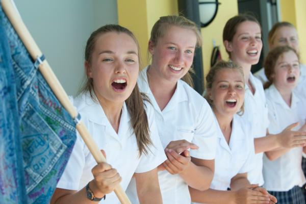 LtoR  Emma Cushing (head of school), Emma Stephens, Lucy Simpson, Claudia Reid, Maddie Wall, behind Prue Lange