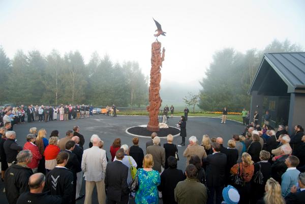 An imposing nine metre high Pouwhenua (Maori carving) at the entrance to the Wairakei Golf Course