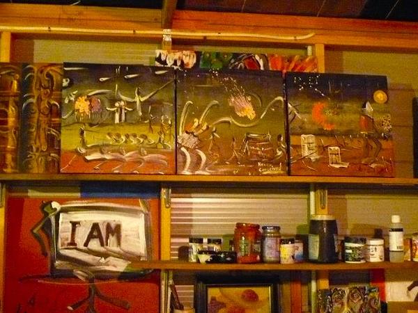 My mess - Triptych on shelf is 'Conquer fear, conquer failure' (2009)