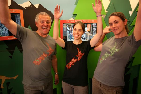 Ziptrek Trip Advisor tag cloud t-shirt with Ziptrek models Stu Cordelle, Jen Lindsall, Morgan Geldard