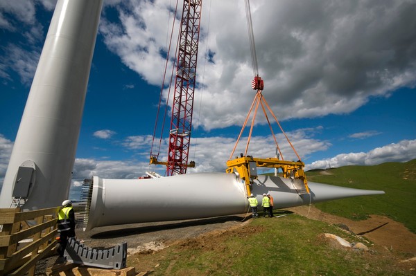 Turbine blade about to be lifted in place