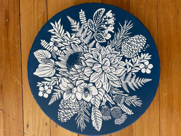 Anna Tang, 'Blue Flowers' (wood carving, 400mm round) 