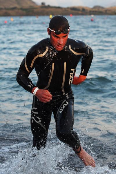 Dyland McNeice exiting the water in today's Challenge Wanaka