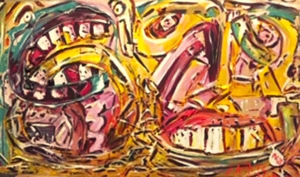 'Post Covid- a disaster' acrylics on board, by Leon Aarts