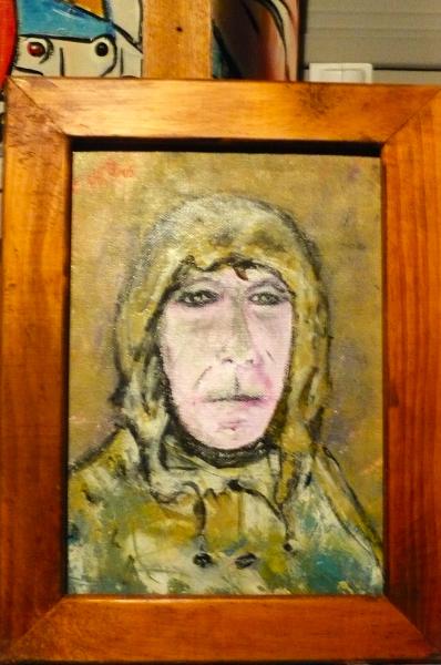 'Self portrait, wearing an anorak', oils on canvas board, by Leon Aarts