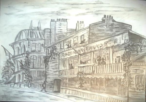 Restaurant sketch in pencil 1982, by Leon Aarts 