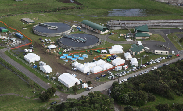 An aerial photo of the wildlife recovery centre beside Tauranga's wastewater treatment plant.