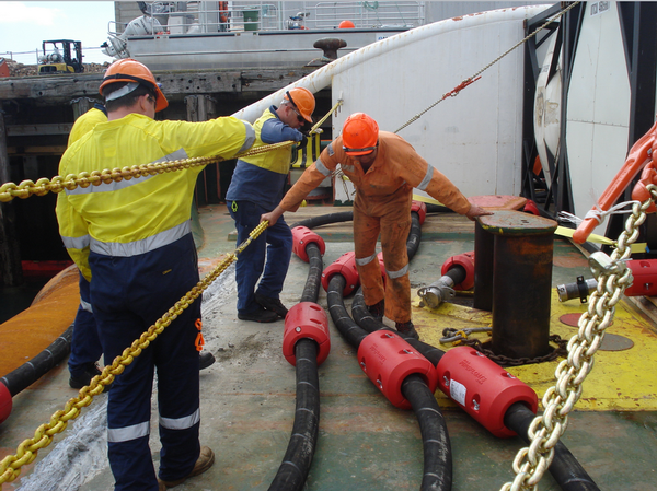 The new oil hose being prepared for pumping on board the Go Canopus. This is the hose that can enable direct pumping from the settling tanks and service tank.