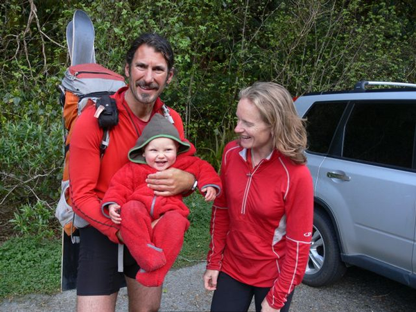 End of trip at Hollyford Divide; Bradshaw with family.