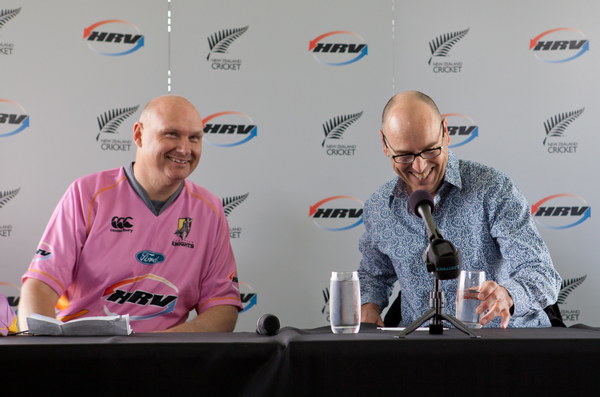 Bruce Gordon (HRV CEO) and Peter Dwan (NZ Cricket) announce HRV sponsorship renewal