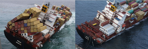 Before and after comparison of Rena as of 23 November. Almost all containers have been removed from the stern.