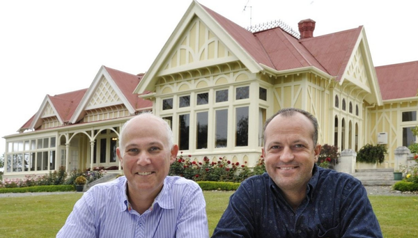 Owners James Glucksman and James Boussy outside Pen-y-bryn Lodge, Oamaru.