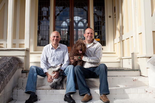 James Glucksman and James Boussy with their dogs at Pen-y-bryn.