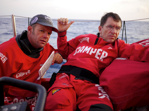 Skipper Chris Nicholson and Navigator Will Oxley discuss the latest weather report on day 2.