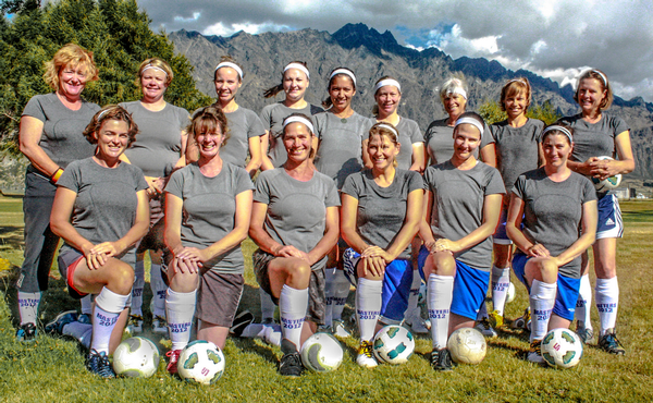 Members of the Futsal Masters teams sporting club shorts and Lululemon Athletica shirts and headbands.