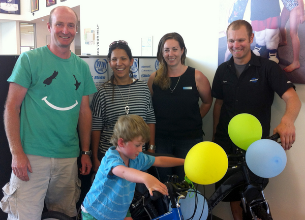 Tim Muir of Hawea, Juliana Souza of Queenstown, Sarah Clarke of Alpine Aqualand and Ryan Black of Element watch James Muir play on his new AvantiPlus bike.  