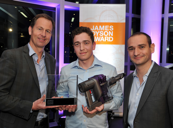 Last year's James Dyson Award winner Nicholas Couch (centre), with NZ Dyson distributer Avery Robinson's Brett Avery (left) and Mark Robinson (right).