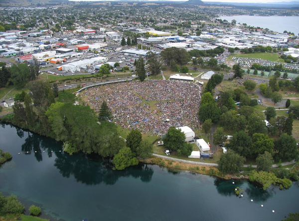 Taup&#333; Amphitheatre from the air: the crowd start to gather early in the afternoon.