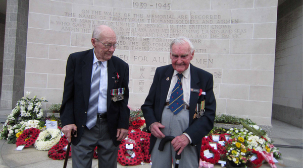 Ted West, from the North Shore, and Bill Mitchell of Oamaru, at a ceremony to mark the 70th anniversary of the fall of Singapore at Kranji War Cemetery in Singapore, this week.