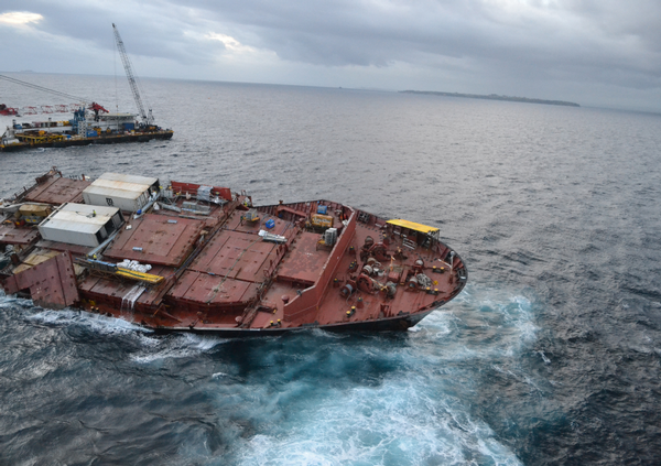 Salvors have almost removed all of the containers from the top deck of the bow section of Rena.