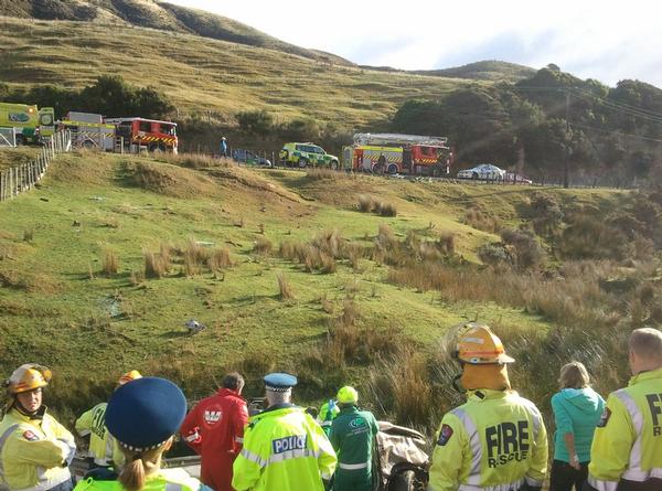 The vehicle left the road at the point where the right hand fire engine is parked. 