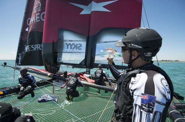 Emirates Team New Zealand take a break while jammers are serviced before the first day of racing in Venice.