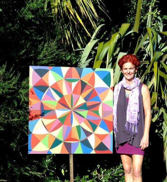 Ruth Stirnimann with a painting on steel.