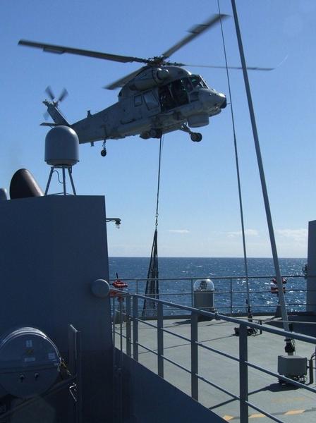 Seasprite helicopter about to land on HMNZS OTAGO.