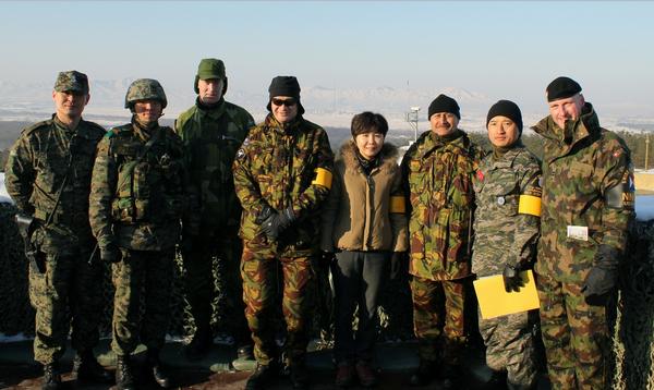 From L-R: Two members of the UNC Security Battalion, Neutral Nations Supervisory Commission (NNSC) rep from Sweden, Lt Martin Wilson, RNZN, UNCMAC Translator, MAJ Tarsau, NZDF, Republic of Korea Advisor, NNSC rep from Switzerland.