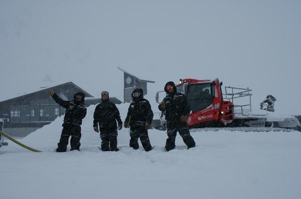 Mt Hutt snowmakers (L-R) Adam Preston, Jeremy Abbott, Tiffiny Greason, Harrison Bisfel celebrate the new snow.