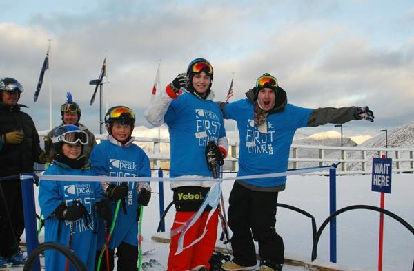 First on the chairlift for 2012 at Coronet Peak were (L to R) Cougar Bryant (9), Talleulah Bryant (7), Alex de Kort (19) and Hugo Cribbin, (22).