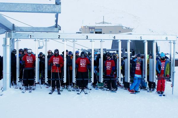 First on Summit Six Chair at Mt Hutt (L-R) Sean Lister, Kalim Cuthire, Dave Roy, Chris Roy, Dorian Grault, Matt Welsh.