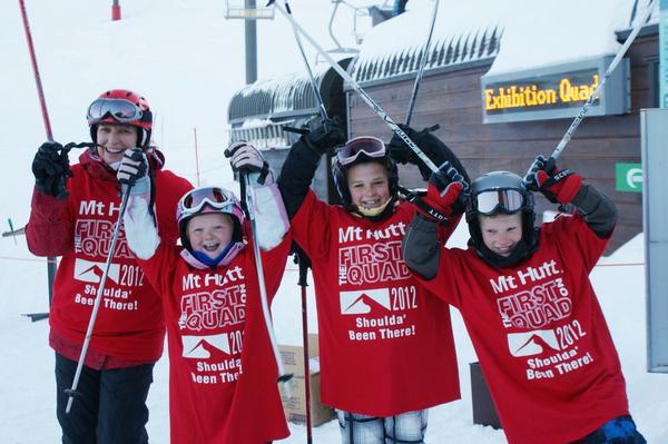 First on the Quad Chair at Mt Hutt opening day today (L-R) Edward O'Brien, Kate O'Brien, Nikki Crowther, Roby Crowther, Edward O'Brien.