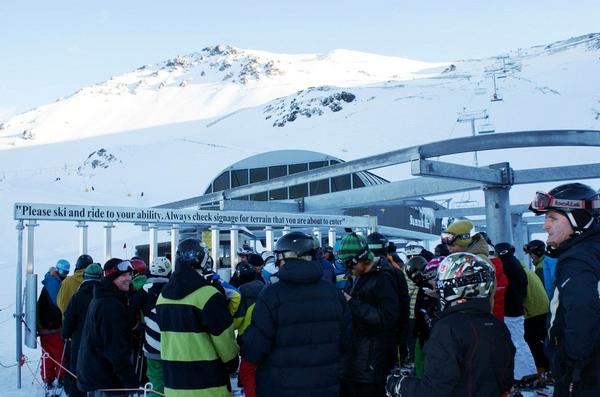 Snow lovers waiting for their first ride on the Summit Six chair for 2012 at Mt Hutt today.