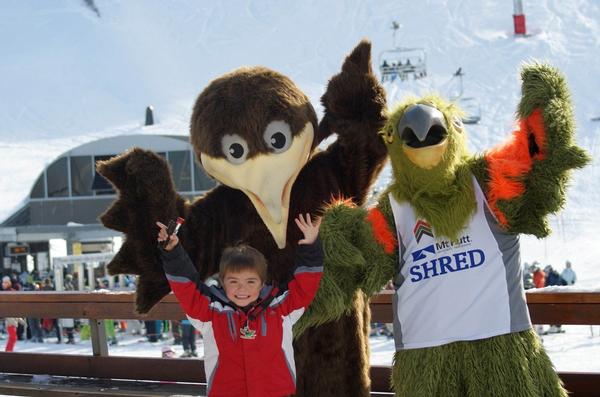 Spike and Shred hanging out with a fan at Mt Hutt opening day.