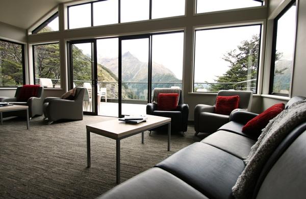 Routeburn Falls Lodge lounge area on the Routeburn Track