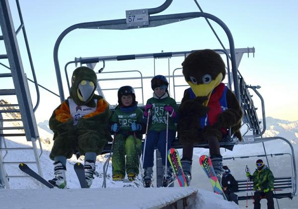 Spike and Shred with 'First On The Chair' children from Remarkables Primary School.