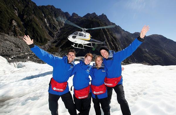 (L-R) Alexander Wolf, Lena Frochlich, Ashley loewen and Matthew Blackmore enjoy a helicopter trip onto Franz Josef Glacier.