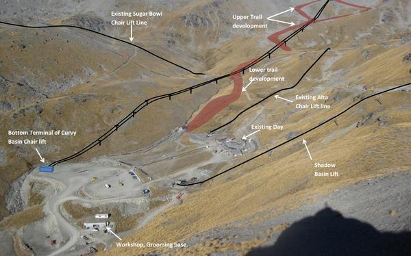 Aerial view of The Remarkables ski area showing existing lift lines and the new proposed Curvy Basin chairlift.