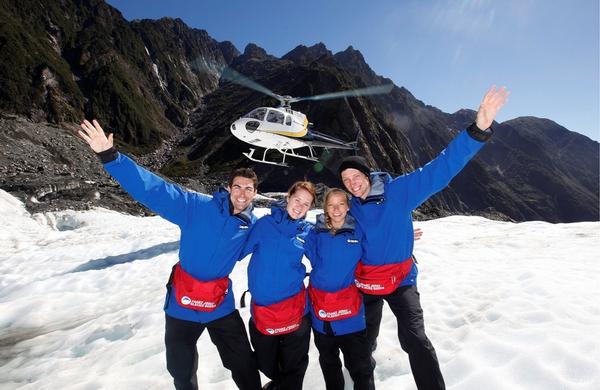 (L-R) Alexander Wolf, Lena Frochlich, Ashley loewen and Matthew Blackmore enjoy a helicopter trip onto Franz Josef Glacier.
