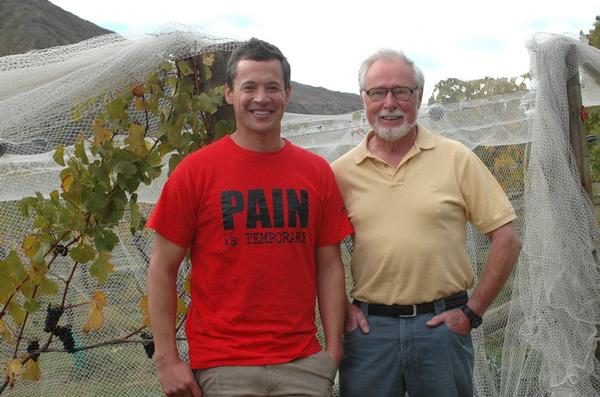 Gibbston Valley Winery winemaker Christopher Keys (L) with founder Alan Brady amongst the vines at Gibbston Valley Winery.