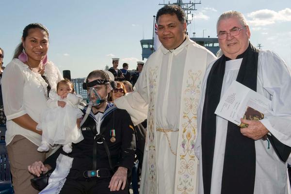 AEWS Ben Revell and his wife Malia on Friday 04 at their daughter's baptism onboard HMNZS TE MANA.  AEWS Revell passed away early the next morning.