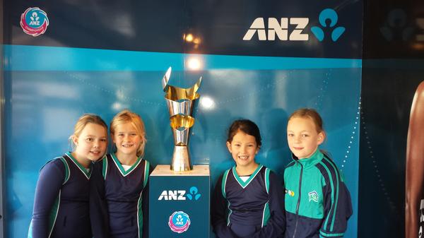 Young netball fans with the ANZ Championship Trophy, at the ANZ Netball Roadshow in Wellington 