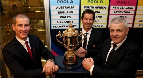 Stuart Lancaster, Robbie Deans and Warren Gatland with the Webb Ellis Cup after England, Australia and Wales were drawn in Pool A for RWC 2015